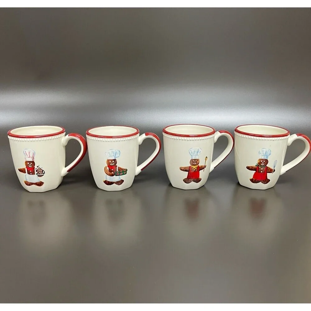 Williams Sonoma Gingerbread Chef Mugs Cups Earthenware Dishwasher Safe Lot of 4
